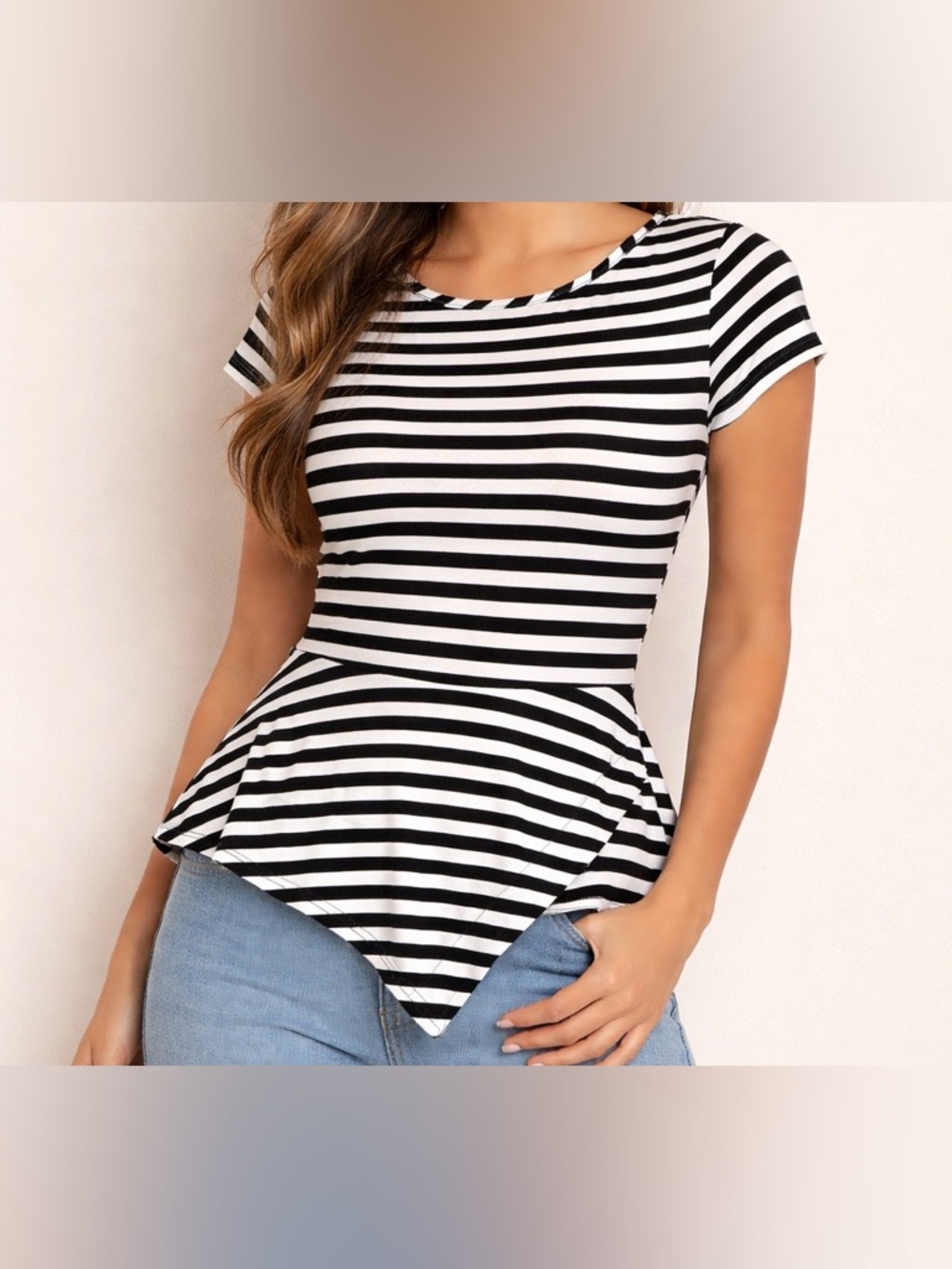 Vamp Black & White Striped Asymmetrical Peplum Top Size M